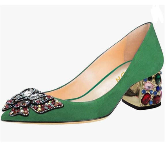 YDN Green Pointed Toe Bow Colorful Rhinestone Block Low Heel Butterfly Pump - Picture 1 of 8